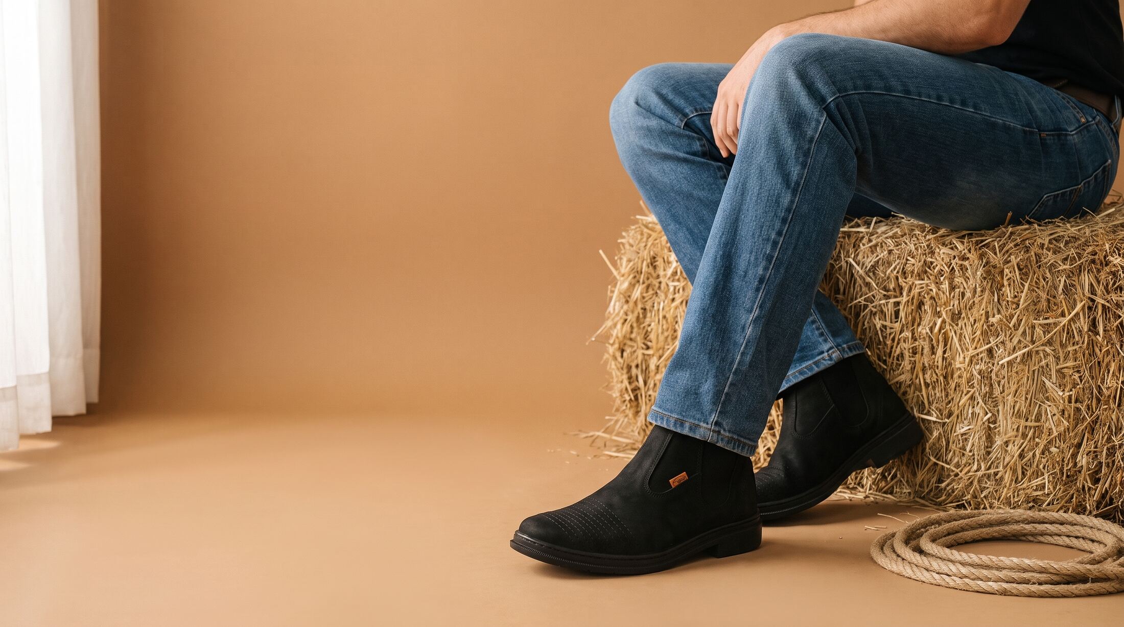 Homem sentado num fardo de feno usando a Bota Tradicional Preta